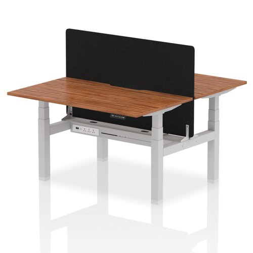 Air Back-to-Back 1400 x 800mm Height Adjustable 2 Person Office Bench Desk Walnut Top with Scalloped Edge Silver Frame with Black Straight Screen
