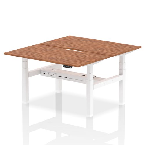Air Back-to-Back 1400 x 800mm Height Adjustable 2 Person Office Bench Desk Walnut Top with Scalloped Edge White Frame