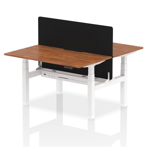 Air Back-to-Back 1400 x 800mm Height Adjustable 2 Person Office Bench Desk Walnut Top with Scalloped Edge White Frame with Black Straight Screen