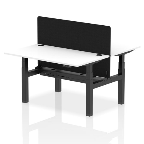 Air Back-to-Back 1400 x 800mm Height Adjustable 2 Person Bench Desk White Top with Cable Ports Black Frame with Black Straight Screen