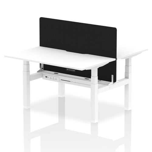 Air Back-to-Back 1400 x 800mm Height Adjustable 2 Person Office Bench Desk White Top with Scalloped Edge White Frame with Black Straight Screen