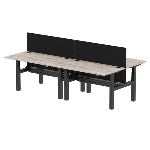 Air Back-to-Back 1400 x 800mm Height Adjustable 4 Person Office Bench Desk Grey Oak Top with Cable Ports Black Frame with Black Straight Screen