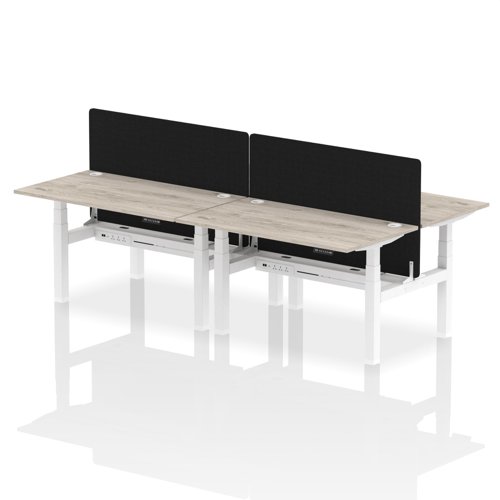 Air Back-to-Back 1400 x 800mm Height Adjustable 4 Person Office Bench Desk Grey Oak Top with Cable Ports White Frame with Black Straight Screen