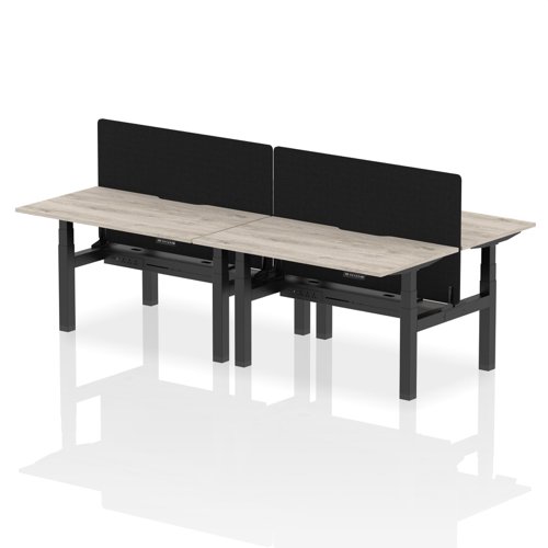 Air Back-to-Back 1400 x 800mm Height Adjustable 4 Person Bench Desk Grey Oak Top with Scalloped Edge Black Frame with Black Straight Screen