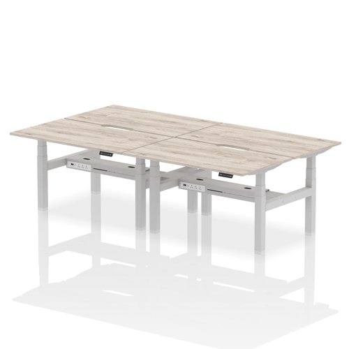 Air Back-to-Back 1400 x 800mm Height Adjustable 4 Person Office Bench Desk Grey Oak Top with Scalloped Edge Silver Frame