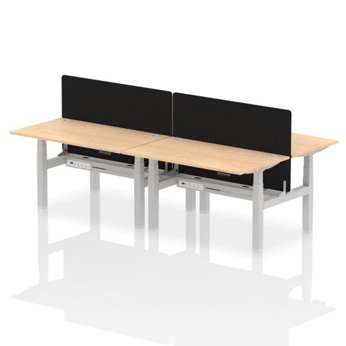 Air Back-to-Back 1400 x 800mm Height Adjustable 4 Person Office Bench Desk Maple Top with Cable Ports Silver Frame with Black Straight Screen