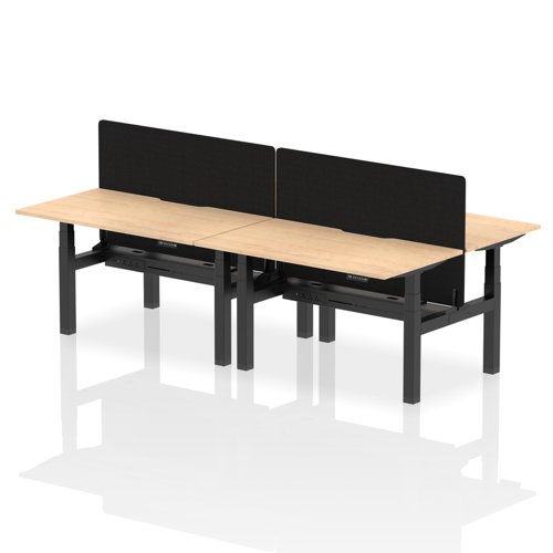 Air Back-to-Back 1400 x 800mm Height Adjustable 4 Person Office Bench Desk Maple Top with Scalloped Edge Black Frame with Black Straight Screen