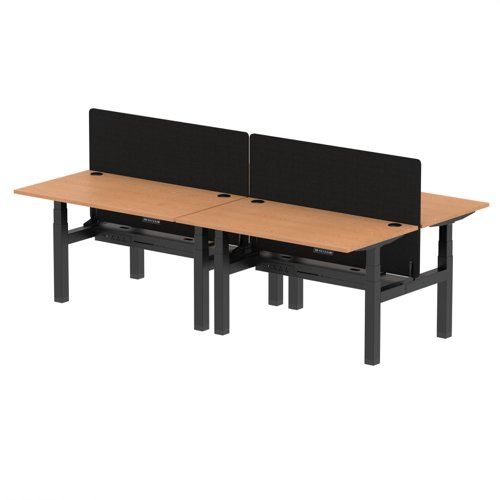 Air Back-to-Back 1400 x 800mm Height Adjustable 4 Person Office Bench Desk Oak Top with Cable Ports Black Frame with Black Straight Screen
