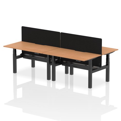Air Back-to-Back 1400 x 800mm Height Adjustable 4 Person Office Bench Desk Oak Top with Scalloped Edge Black Frame with Black Straight Screen