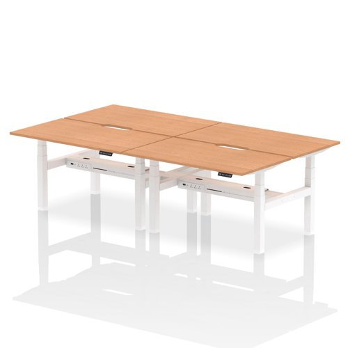 Air Back-to-Back 1400 x 800mm Height Adjustable 4 Person Office Bench Desk Oak Top with Scalloped Edge White Frame