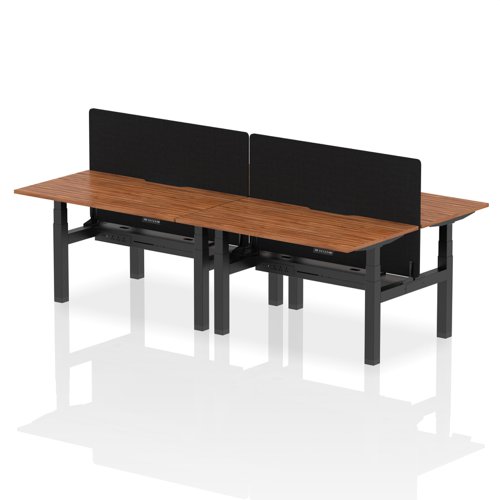 Air Back-to-Back 1400 x 800mm Height Adjustable 4 Person Bench Desk Walnut Top with Scalloped Edge Black Frame with Black Straight Screen