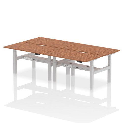 Air Back-to-Back 1400 x 800mm Height Adjustable 4 Person Office Bench Desk Walnut Top with Scalloped Edge Silver Frame