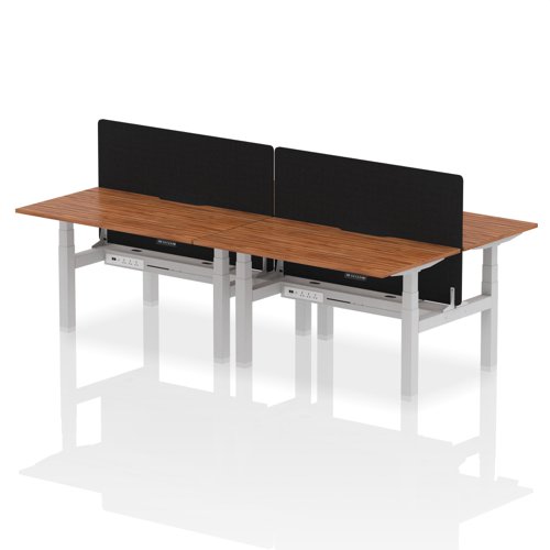 Air Back-to-Back 1400 x 800mm Height Adjustable 4 Person Office Bench Desk Walnut Top with Scalloped Edge Silver Frame with Black Straight Screen