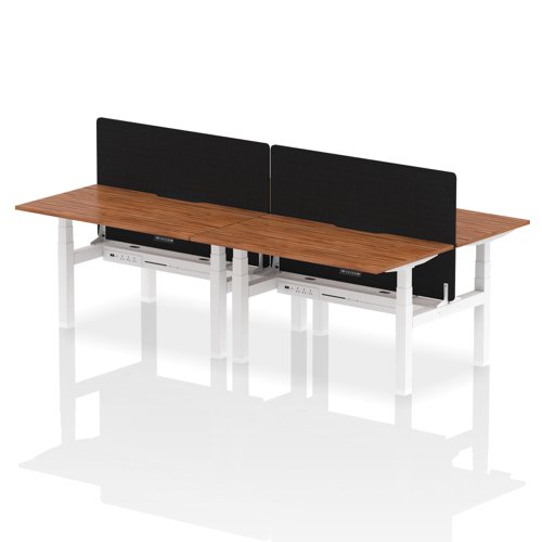 Air Back-to-Back 1400 x 800mm Height Adjustable 4 Person Office Bench Desk Walnut Top with Scalloped Edge White Frame with Black Straight Screen