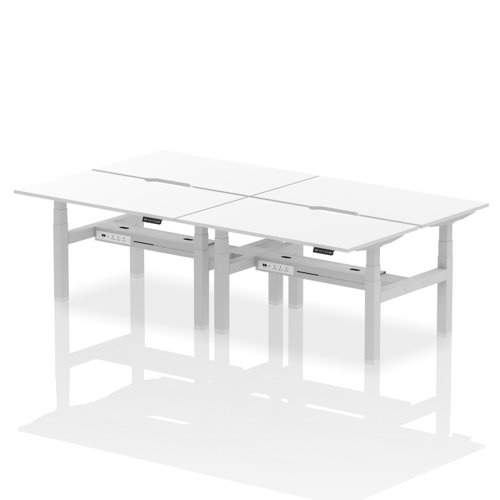 Air Back-to-Back 1400 x 800mm Height Adjustable 4 Person Office Bench Desk White Top with Scalloped Edge Silver Frame