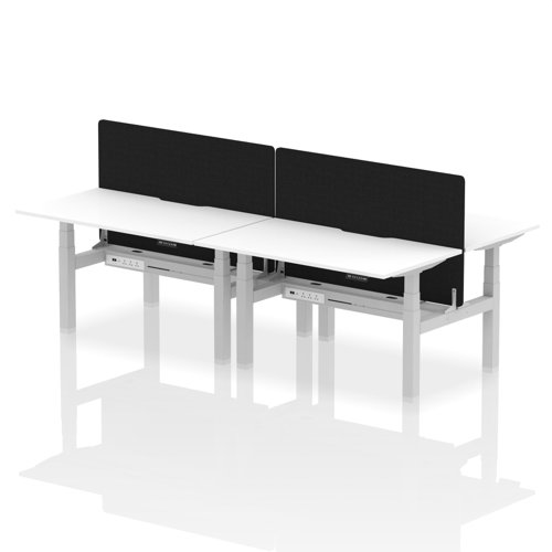 Air Back-to-Back 1400 x 800mm Height Adjustable 4 Person Office Bench Desk White Top with Scalloped Edge Silver Frame with Black Straight Screen