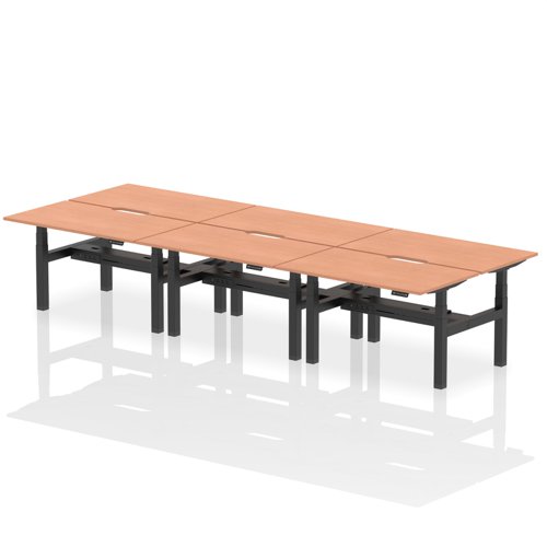 Air Back-to-Back 1400 x 800mm Height Adjustable 6 Person Office Bench Desk Beech Top with Scalloped Edge Black Frame