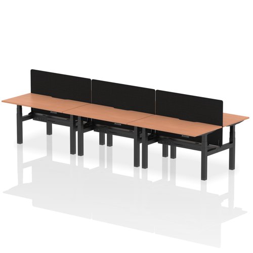 Air Back-to-Back 1400 x 800mm Height Adjustable 6 Person Office Bench Desk Beech Top with Scalloped Edge Black Frame with Black Straight Screen