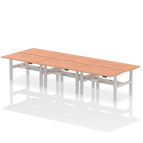 Air Back-to-Back 1400 x 800mm Height Adjustable 6 Person Office Bench Desk Beech Top with Scalloped Edge Silver Frame