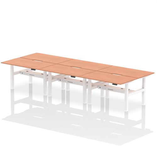 Air Back-to-Back 1400 x 800mm Height Adjustable 6 Person Office Bench Desk Beech Top with Scalloped Edge White Frame
