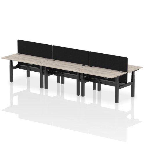 Air Back-to-Back 1400 x 800mm Height Adjustable 6 Person Bench Desk Grey Oak Top with Cable Ports Black Frame with Black Straight Screen