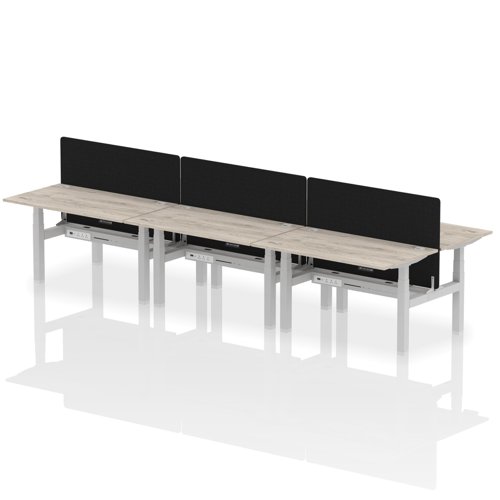 Air Back-to-Back 1400 x 800mm Height Adjustable 6 Person Office Bench Desk Grey Oak Top with Cable Ports Silver Frame with Black Straight Screen