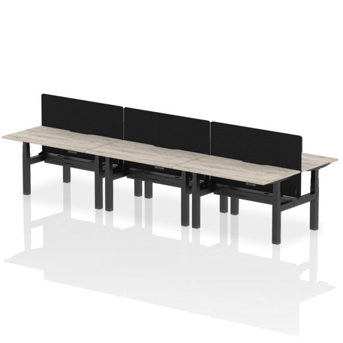 Air Back-to-Back 1400 x 800mm Height Adjustable 6 Person Bench Desk Grey Oak Top with Scalloped Edge Black Frame with Black Straight Screen