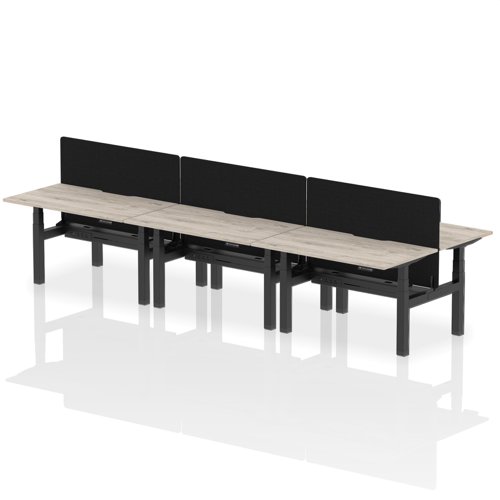 Air Back-to-Back 1400 x 800mm Height Adjustable 6 Person Office Bench Desk Grey Oak Top with Scalloped Edge Black Frame with Black Straight Screen