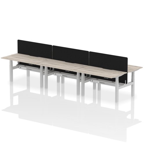 Air Back-to-Back 1400 x 800mm Height Adjustable 6 Person Office Bench Desk Grey Oak Top with Scalloped Edge Silver Frame with Black Straight Screen