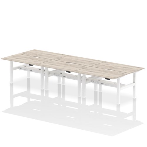 Air Back-to-Back 1400 x 800mm Height Adjustable 6 Person Office Bench Desk Grey Oak Top with Scalloped Edge White Frame