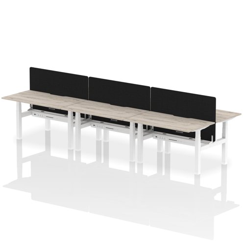Air Back-to-Back 1400 x 800mm Height Adjustable 6 Person Office Bench Desk Grey Oak Top with Scalloped Edge White Frame with Black Straight Screen