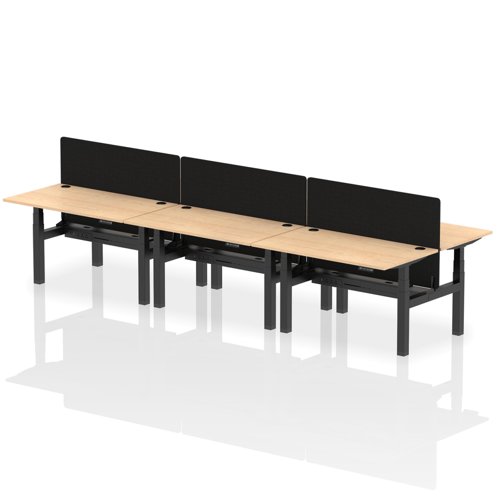 Air Back-to-Back 1400 x 800mm Height Adjustable 6 Person Bench Desk Maple Top with Cable Ports Black Frame with Black Straight Screen
