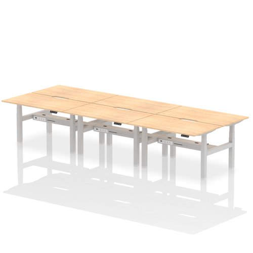 Air Back-to-Back 1400 x 800mm Height Adjustable 6 Person Office Bench Desk Maple Top with Scalloped Edge Silver Frame