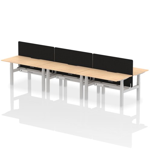 Air Back-to-Back 1400 x 800mm Height Adjustable 6 Person Office Bench Desk Maple Top with Scalloped Edge Silver Frame with Black Straight Screen