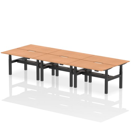 Air Back-to-Back 1400 x 800mm Height Adjustable 6 Person Office Bench Desk Oak Top with Scalloped Edge Black Frame