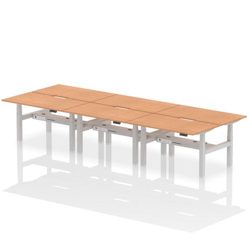 Air Back-to-Back 1400 x 800mm Height Adjustable 6 Person Office Bench Desk Oak Top with Scalloped Edge Silver Frame