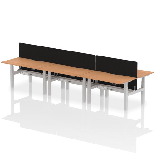 Air Back-to-Back 1400 x 800mm Height Adjustable 6 Person Office Bench Desk Oak Top with Scalloped Edge Silver Frame with Black Straight Screen