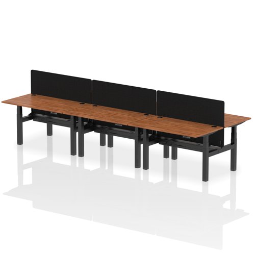 Air Back-to-Back 1400 x 800mm Height Adjustable 6 Person Office Bench Desk Walnut Top with Cable Ports Black Frame with Black Straight Screen
