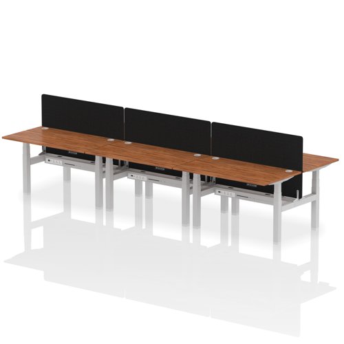 Air Back-to-Back 1400 x 800mm Height Adjustable 6 Person Office Bench Desk Walnut Top with Cable Ports Silver Frame with Black Straight Screen