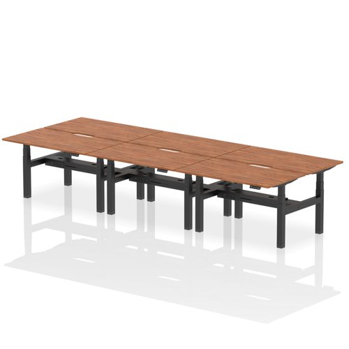 Air Back-to-Back 1400 x 800mm Height Adjustable 6 Person Office Bench Desk Walnut Top with Scalloped Edge Black Frame