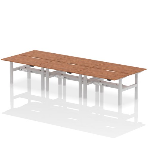 Air Back-to-Back 1400 x 800mm Height Adjustable 6 Person Office Bench Desk Walnut Top with Scalloped Edge Silver Frame