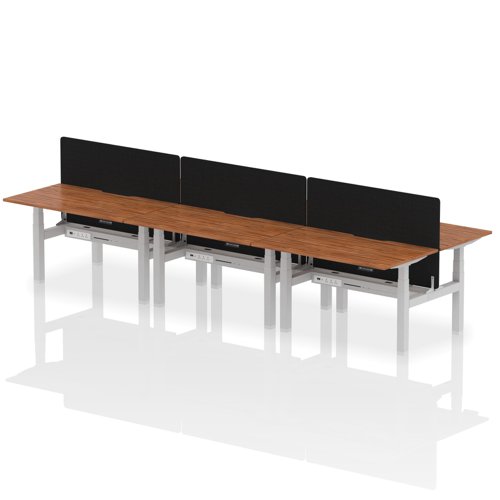 Air Back-to-Back 1400 x 800mm Height Adjustable 6 Person Office Bench Desk Walnut Top with Scalloped Edge Silver Frame with Black Straight Screen