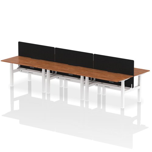 Air Back-to-Back 1400 x 800mm Height Adjustable 6 Person Office Bench Desk Walnut Top with Scalloped Edge White Frame with Black Straight Screen