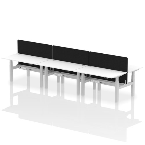 Air Back-to-Back 1400 x 800mm Height Adjustable 6 Person Office Bench Desk White Top with Cable Ports Silver Frame with Black Straight Screen