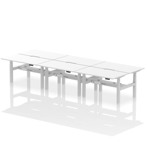 Air Back-to-Back 1400 x 800mm Height Adjustable 6 Person Office Bench Desk White Top with Scalloped Edge Silver Frame
