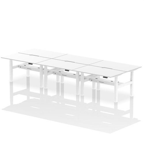 Air Back-to-Back 1400 x 800mm Height Adjustable 6 Person Office Bench Desk White Top with Scalloped Edge White Frame