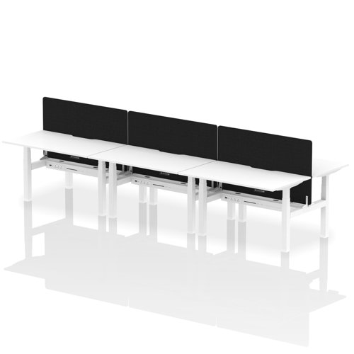 Air Back-to-Back 1400 x 800mm Height Adjustable 6 Person Office Bench Desk White Top with Scalloped Edge White Frame with Black Straight Screen
