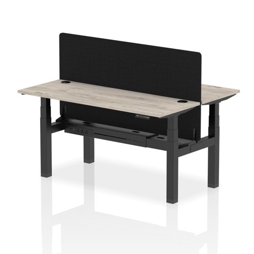 Air Back-to-Back 1600 x 600mm Height Adjustable 2 Person Office Bench Desk Grey Oak Top with Cable Ports Black Frame with Black Straight Screen