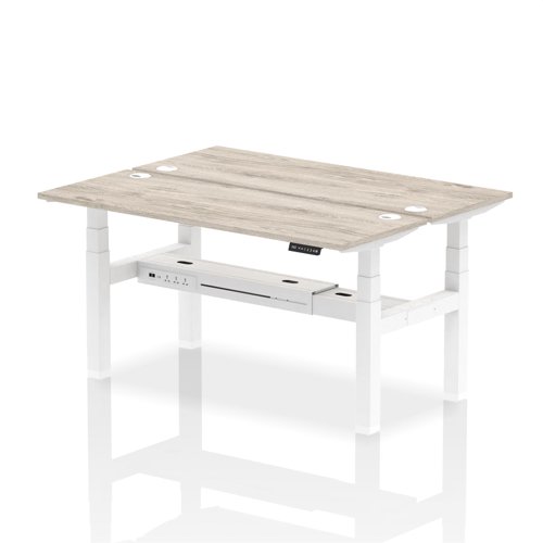 Dynamic Air Back-to-Back W1600 x D600mm Height Adjustable Sit Stand 2 Person Bench Desk With Cable Ports Grey Oak Finish White Frame - HA02188