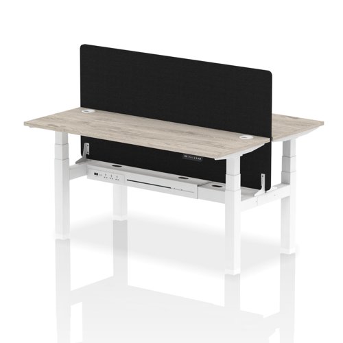 Air Back-to-Back 1600 x 600mm Height Adjustable 2 Person Office Bench Desk Grey Oak Top with Cable Ports White Frame with Black Straight Screen